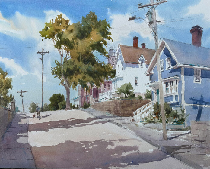 watercolor painting of houses on a street