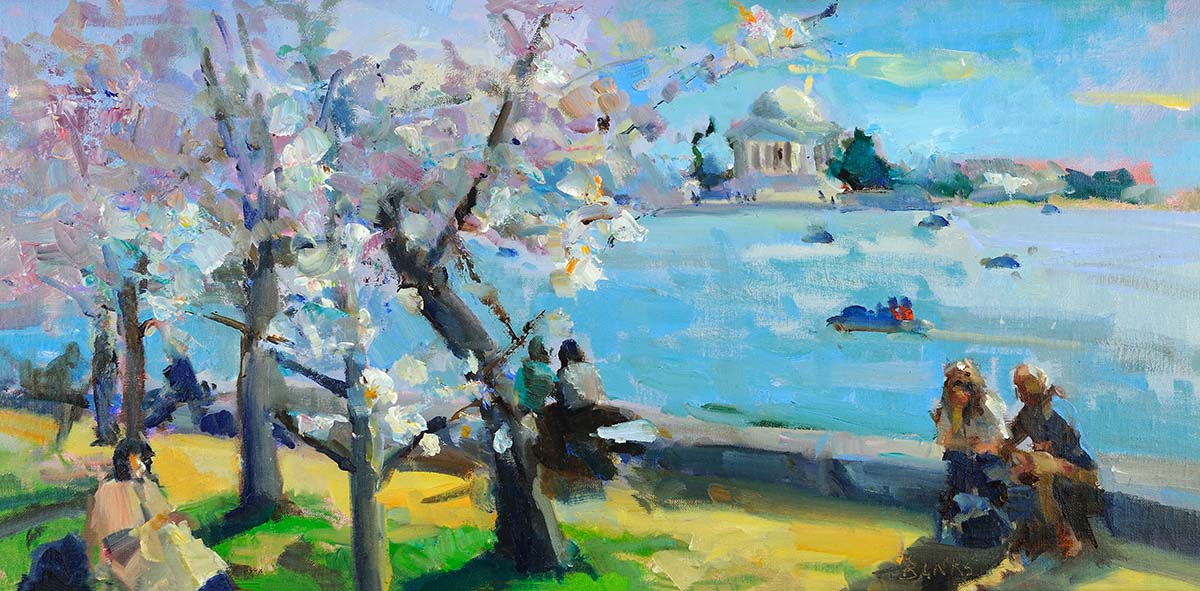 oil painting of cherry blossoms by water