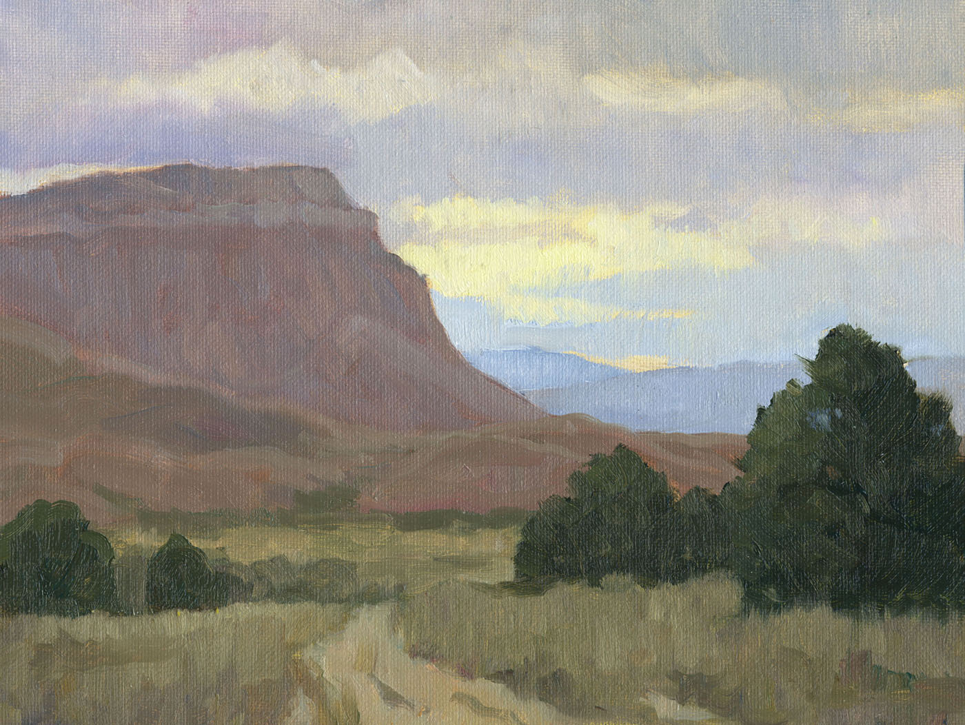 oil painting of mountains in the distance and middle ground; green in foreground