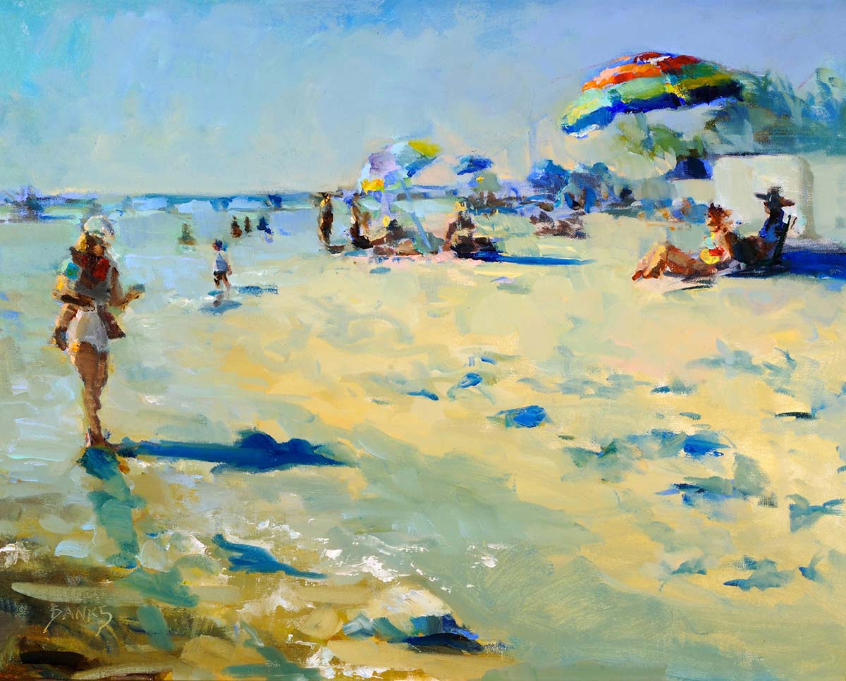 oil painting of beach goers 