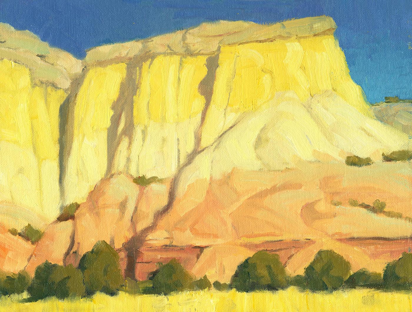 oil painting of yellow cliffs; orange below