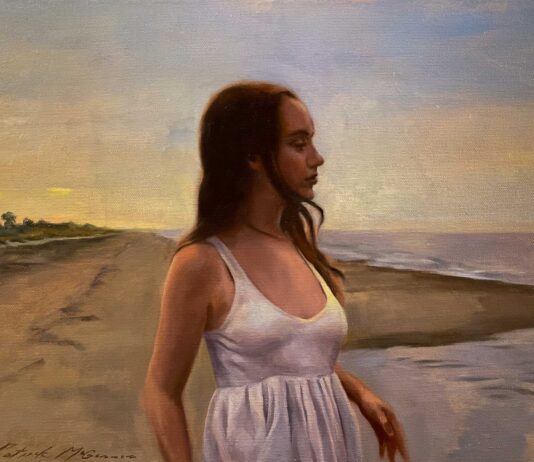 Go Figure: 5 Plein Air Paintings with People “Fading Light” by Patrick McGannon, 2022, oil, 12 x 16 in., Available from artist, Studio from plein air study