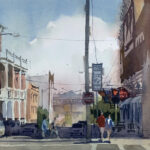 Featured Artwork: Jeff Suntala watercolor painting of city streets and people walking