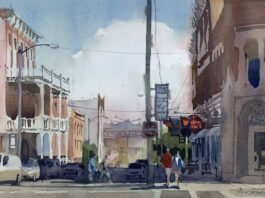 watercolor painting of city streets and people walking