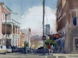 Featured Artwork: Jeff Suntala watercolor painting of city streets and people walking