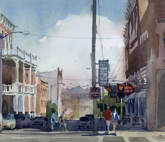 watercolor painting of city streets and people walking
