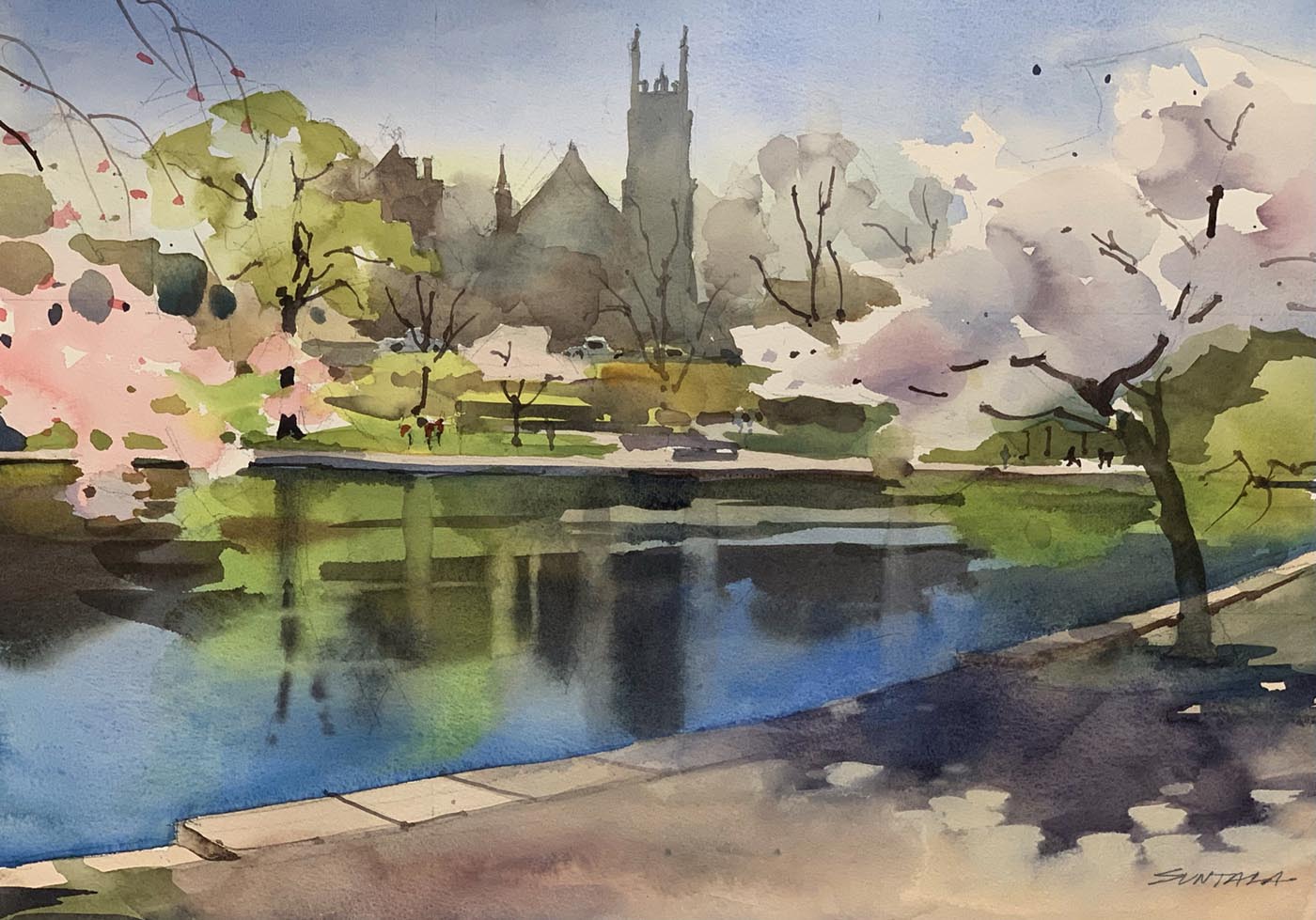 watercolor painting of building in background with water in front 