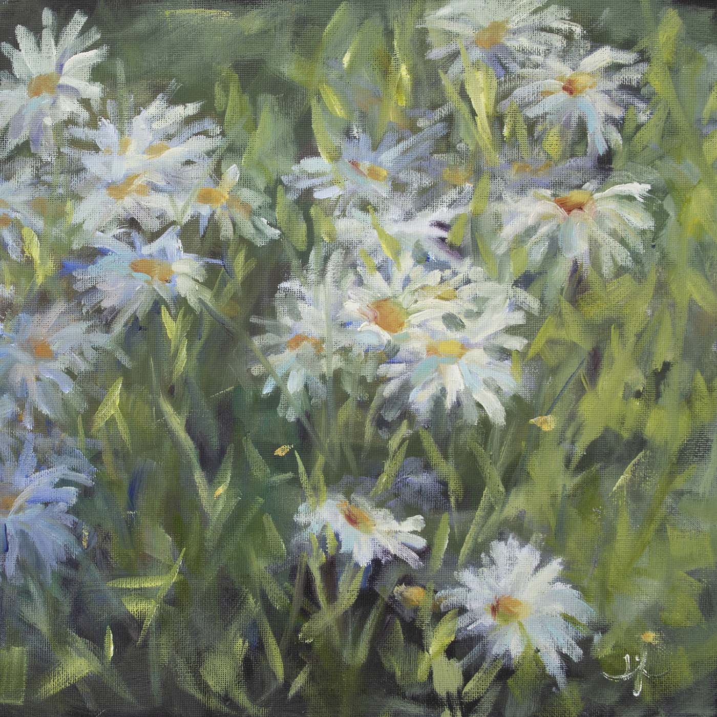 oil painting of closeup of daisies 