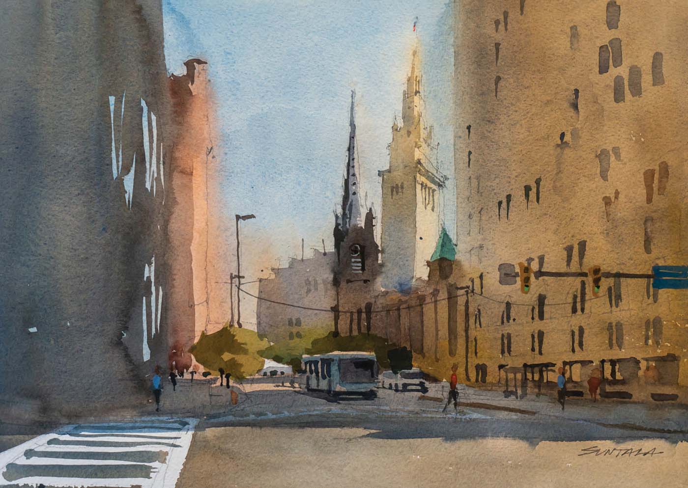 watercolor painting of city streets