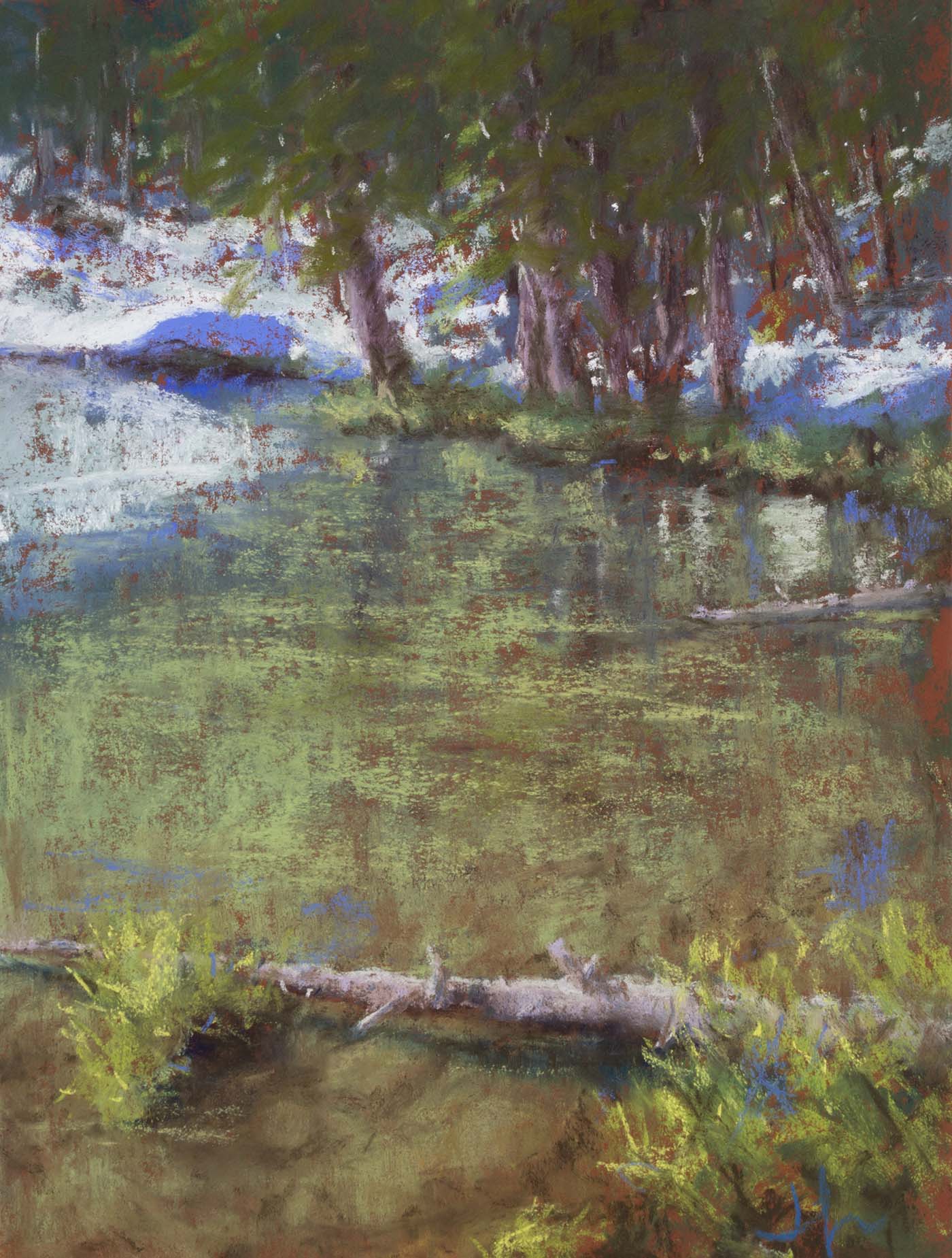 pastel painting of river bend with reflections of trees and sky