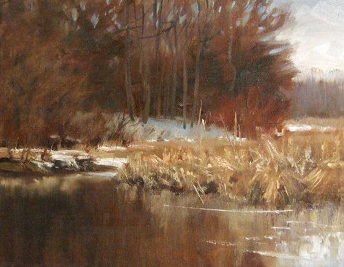 Plein air painting in winter - Sharon Griffes Tarr, "Time and the River Flowing" 11 x 14 in., oil on panel