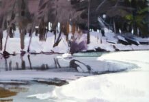 Marcia Burtt, "Ice on the Merced," painting with acrylics in cold weather