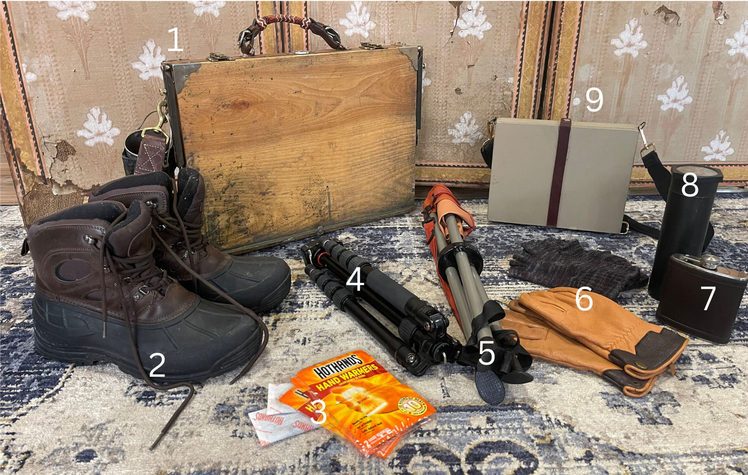 This is my basic plein air painting kit, featuring specialty cold weather items.
