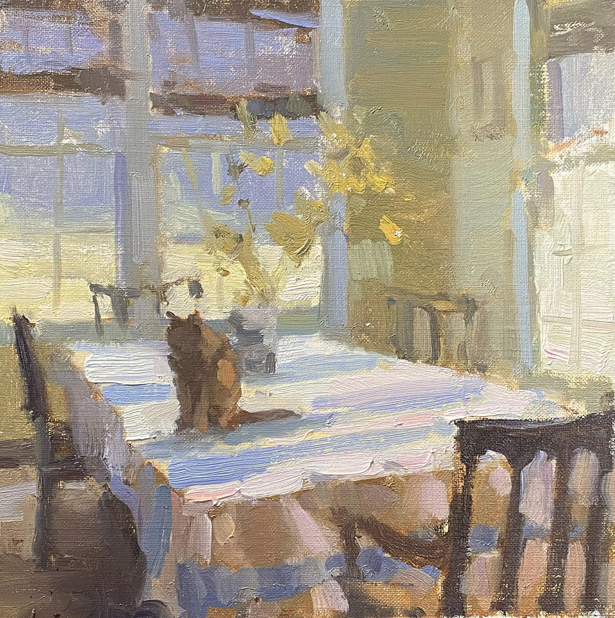 oil painting of dining table with light coming through windows