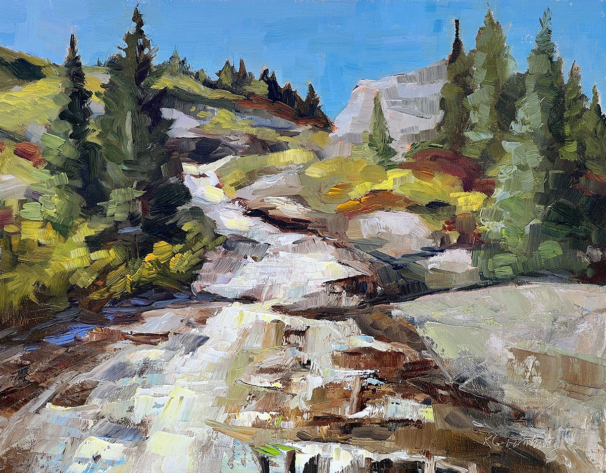 oil painting of pathway leading up the mountain