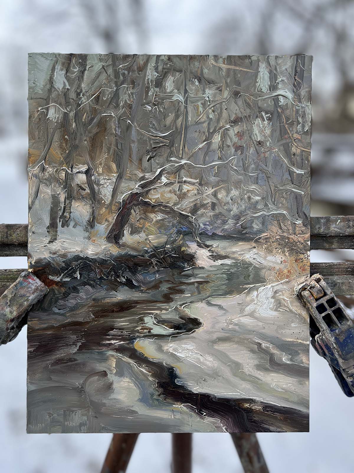 oil painting of river creek in winter