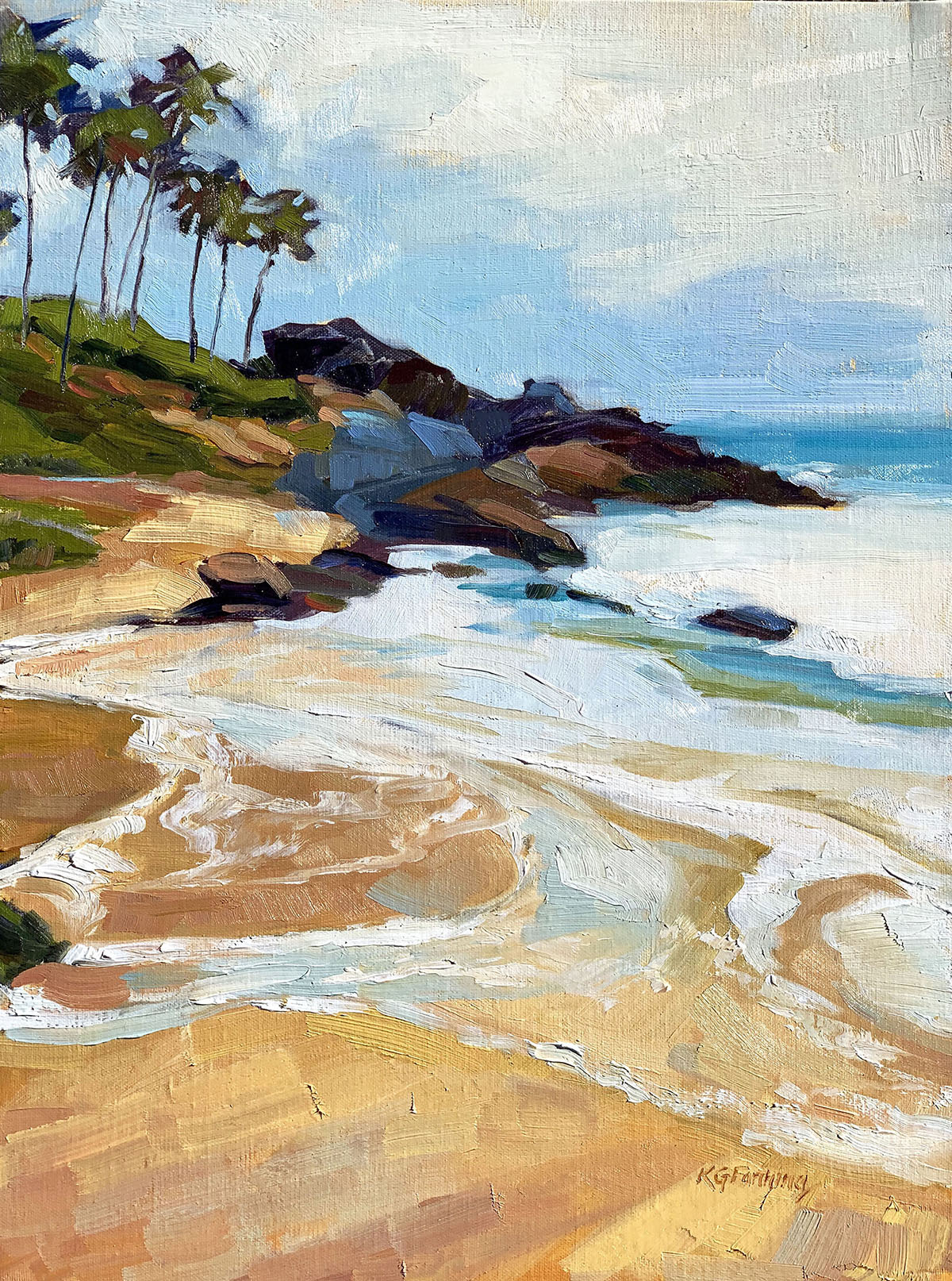 oil painting of beach with quarter of ocean on right; rocks in background