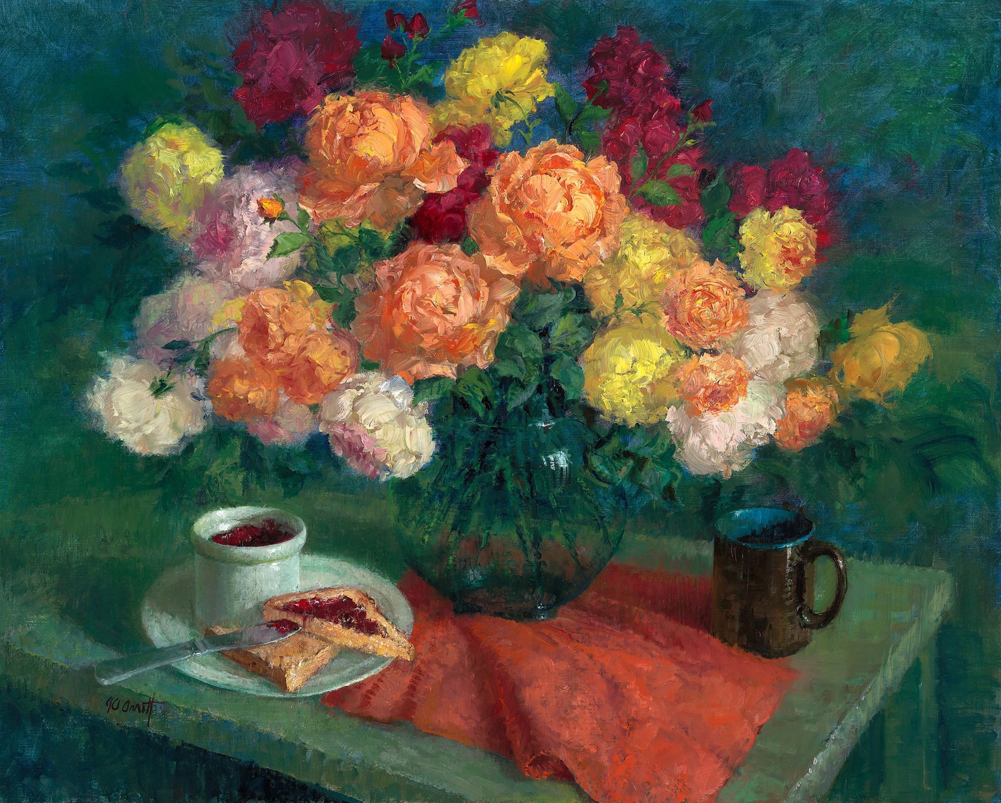 Joe Anna Arnett, "Breakfast with Roses," oil, 24 x 30 in. She said this "was painted en plein air, in my garden, over several sessions. Yes. I am such a lucky artist."