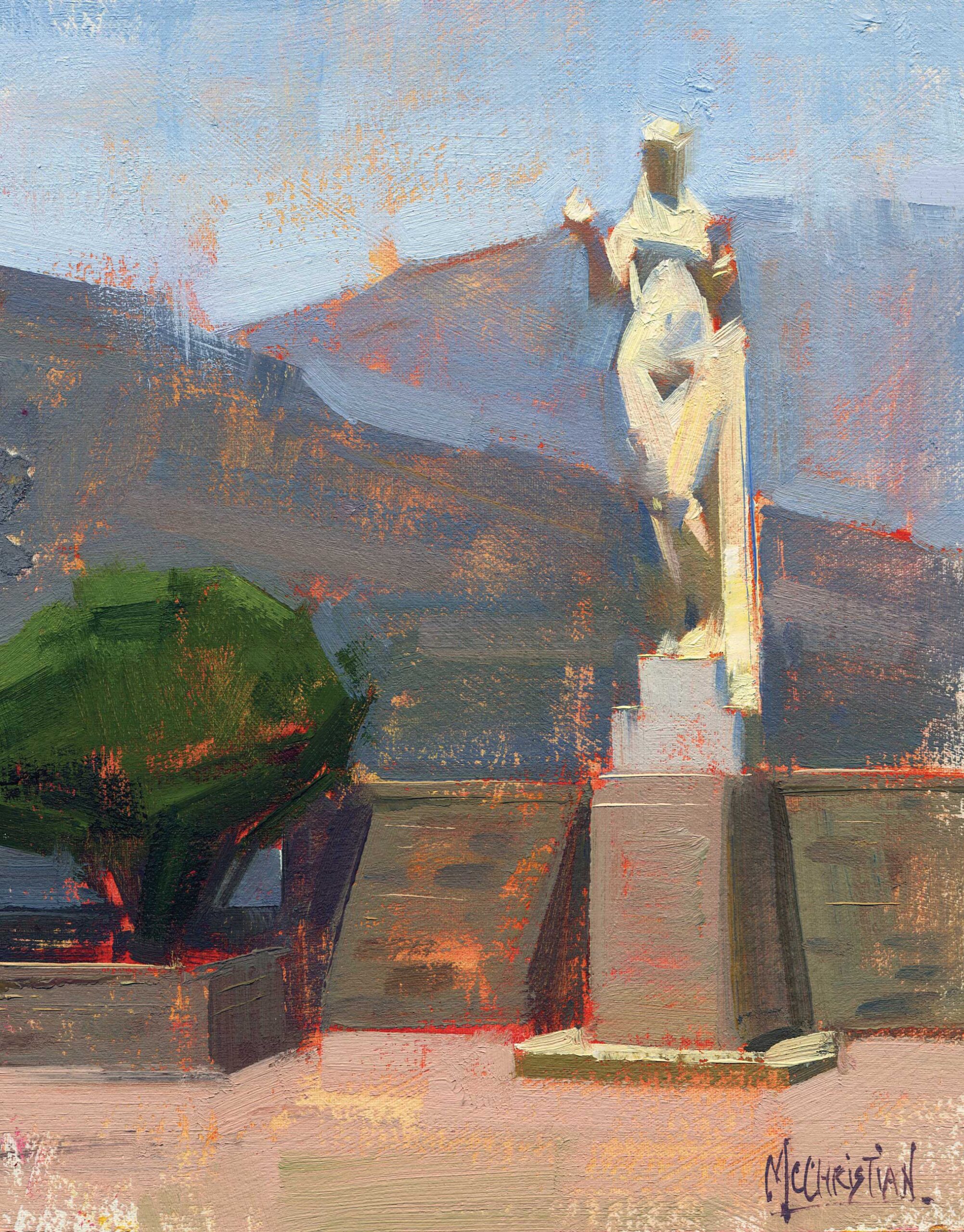 Landscape painting with a statue - Jennifer McChristian, “Keeper of Prayers,” 2017, oil on panel, 9 x 7 in., Private collection, Plein air. Note how the artist depicted the statue in with contrast and color that stressed its inherent beauty.