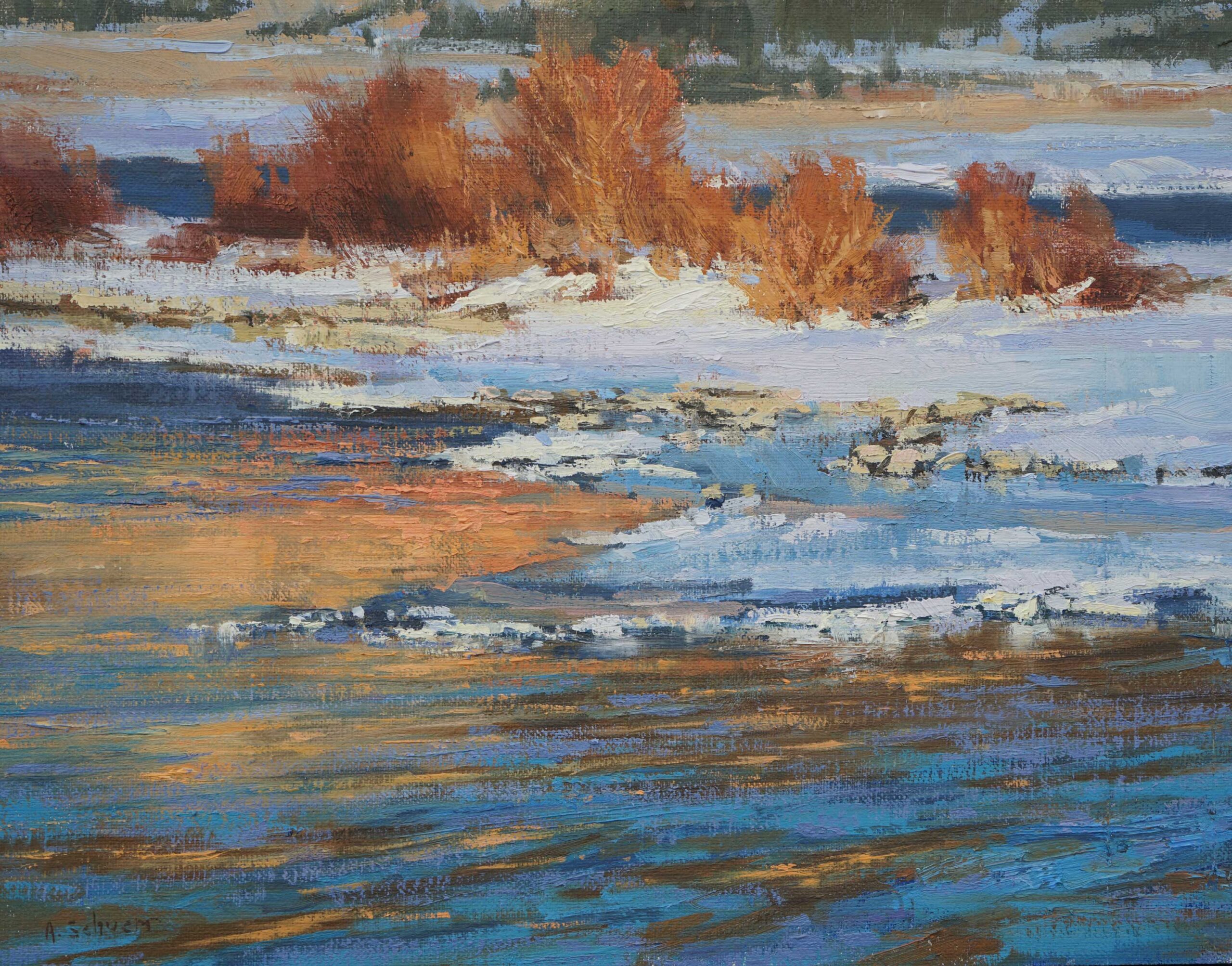 Aaron Schuerr, “Winter Willows,” 2019, oil, 11 x 14 in., Available from Montana Trails Gallery, Bozeman, Montana, Plein air