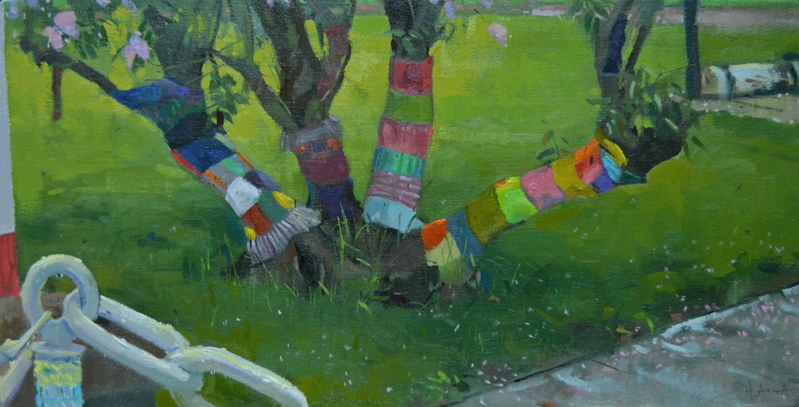 Hector Arcuna, "Yarn Bomb in Port," 2022, oil, 9 x 18 in., Private collection, plein air