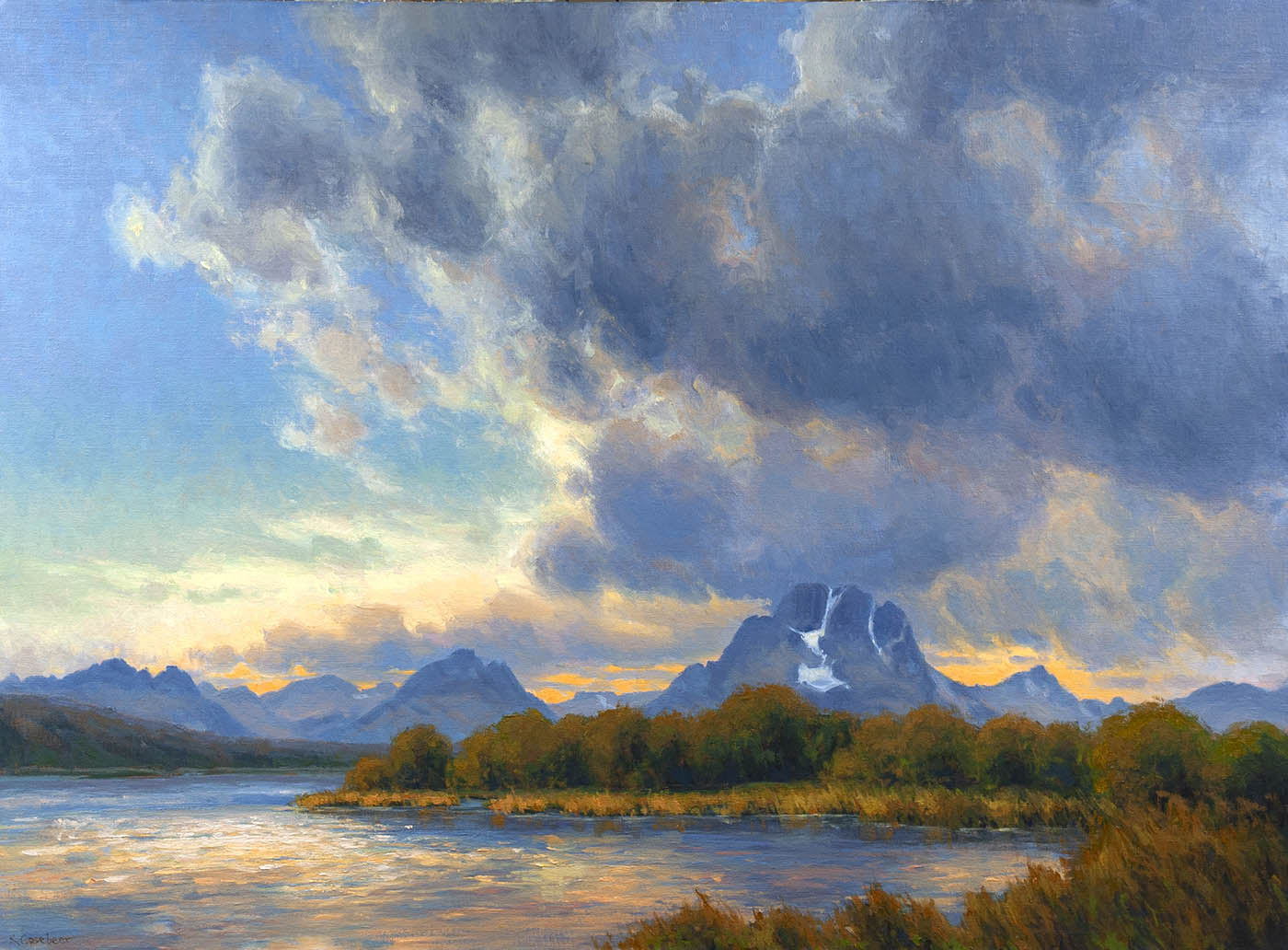 oil painting of mountain range in distance; clouds rolling in over it