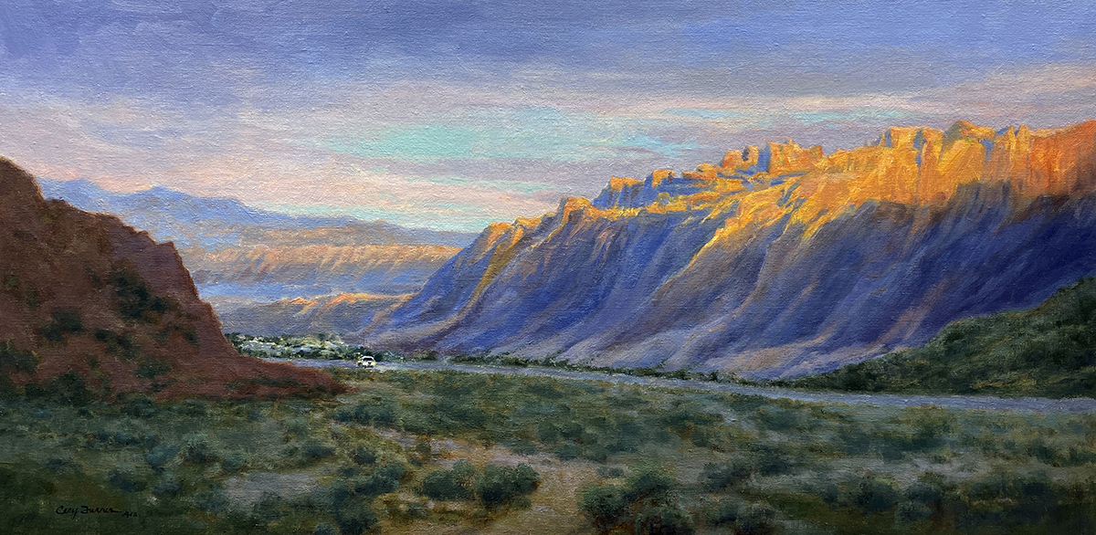 oil painting of sun shining on mountains as it sets