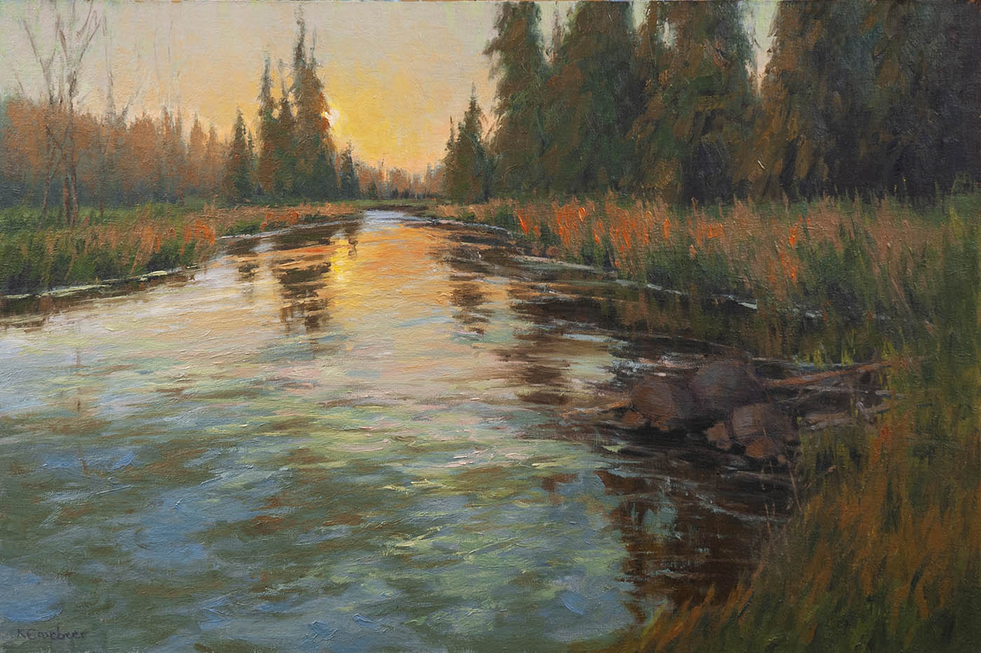 sunsetting; reflecting in water; surrounded by trees