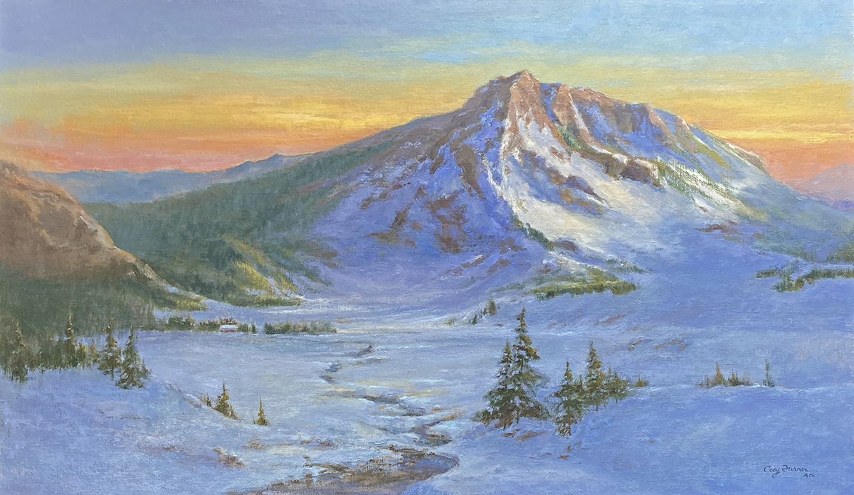oil painting of mountain range during winter with sunset behind