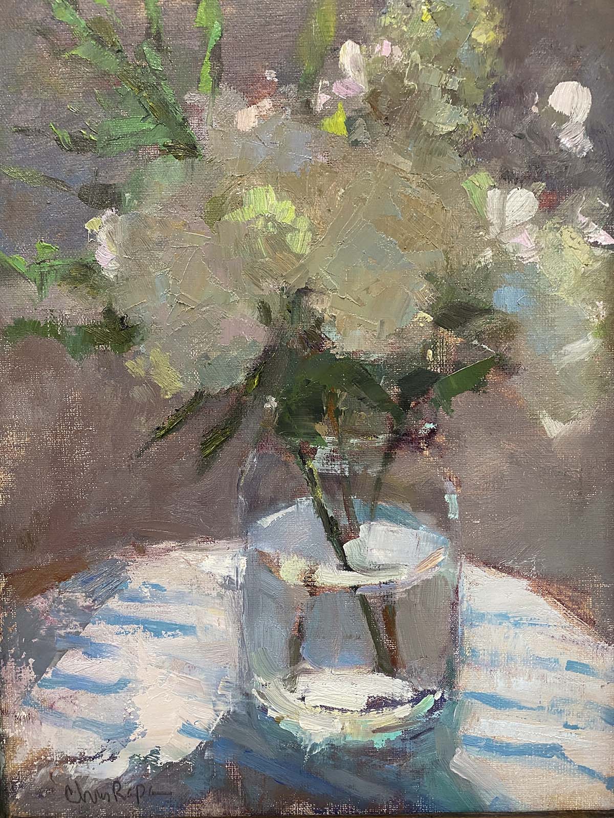 oil painting of still life of flowers in a pot, on a table