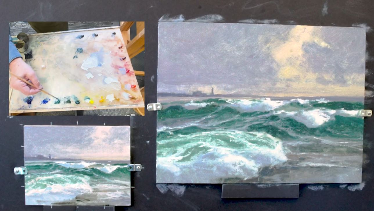Here you can see multiple views as Don Demers created a seascape painting that focused on waves at Plein Air Live