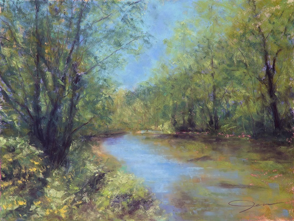 Jennifer Shuey (Pleasant Gap, Pennsylvania), “Spring Creek at Fisherman’s Paradise,” Pastel, 12x16 in.