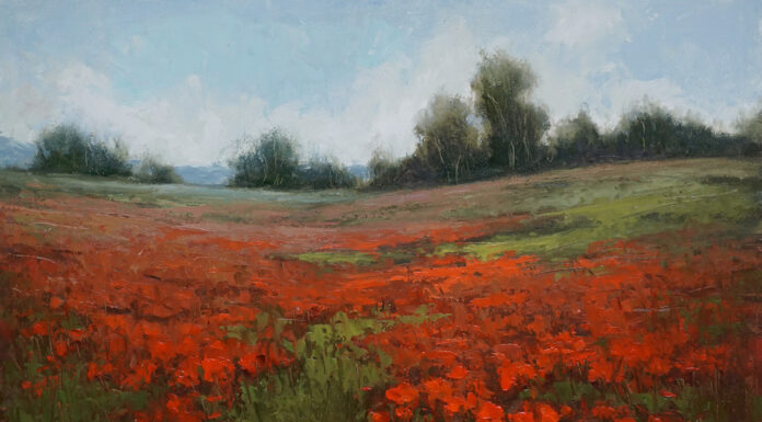 Jane Hunt, “May Poppies,” oil, plein air, 11 x 14 in.