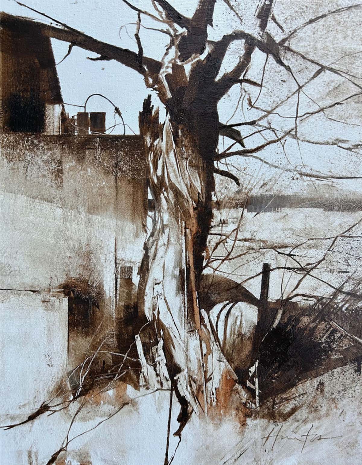 oil painting of monochromatic tree with building on the left 