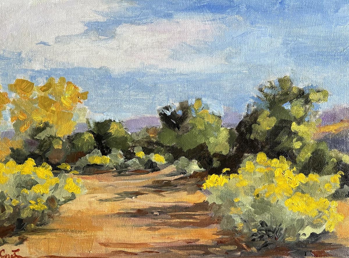 oil painting of landscape with dirt road, and bushes and trees surrounding it
