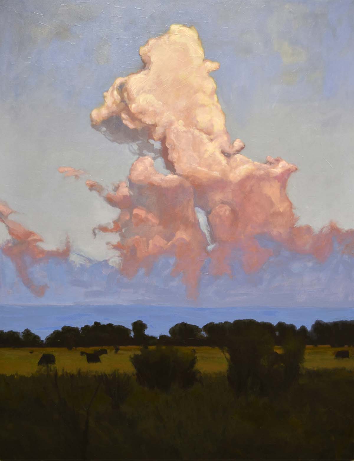 oil painting of cloudscape with landscape below; sun reflecting in clouds