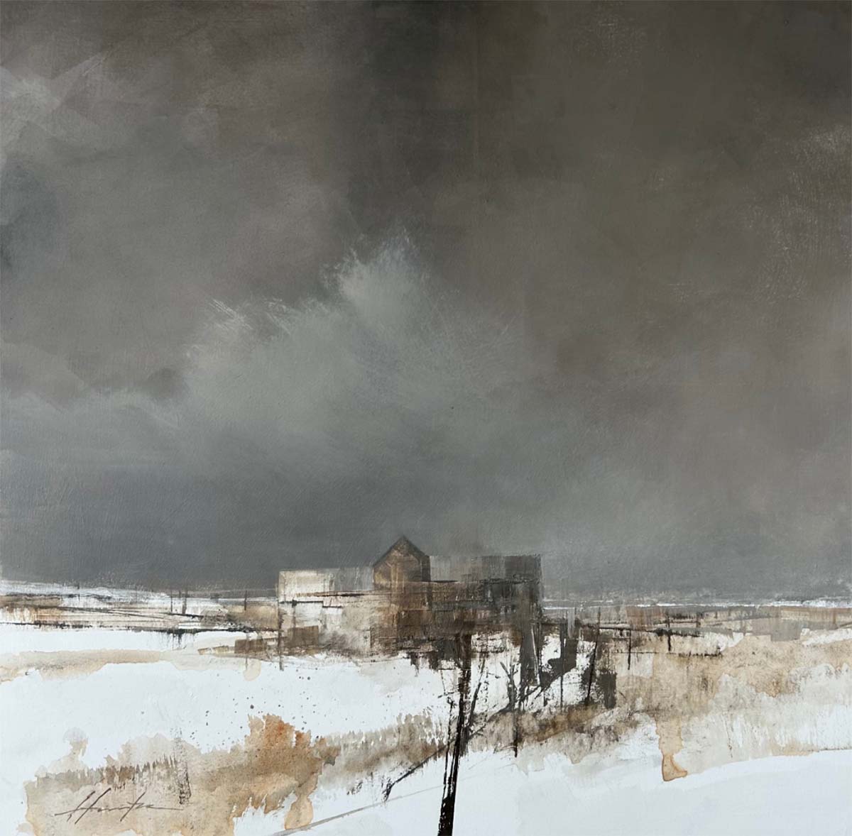 oil painting of monochromatic storm clouds hovering house on a field