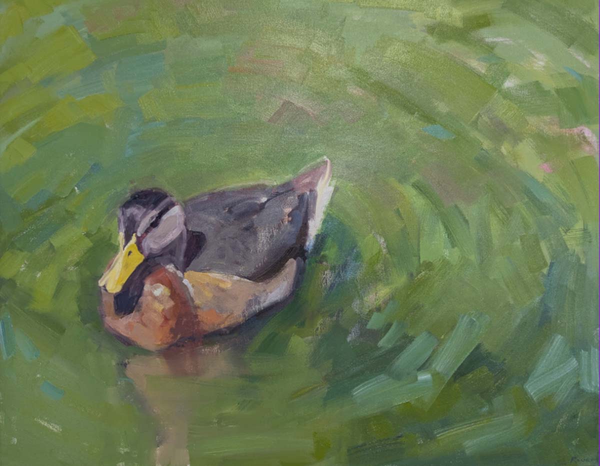 oil painting of bird's eye view of duck swimming in water