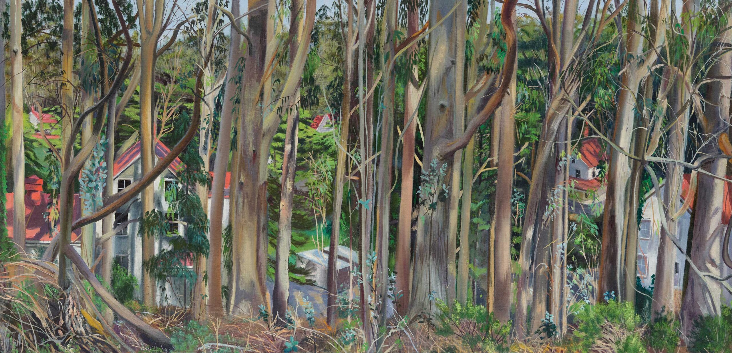 Tom Colcord, "Glimmer of Houses," 2021, oil, 23 x 47 in., Available from John Natsoulas Center for the Arts, Davis, California, plein air