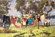 Debra Huse, “Suits ’n’ Boots,” 2019, oil, 16 x 20 in., Private collection, Plein air