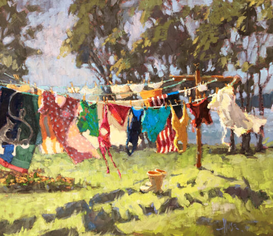 Debra Huse, “Suits ’n’ Boots,” 2019, oil, 16 x 20 in., Private collection, Plein air