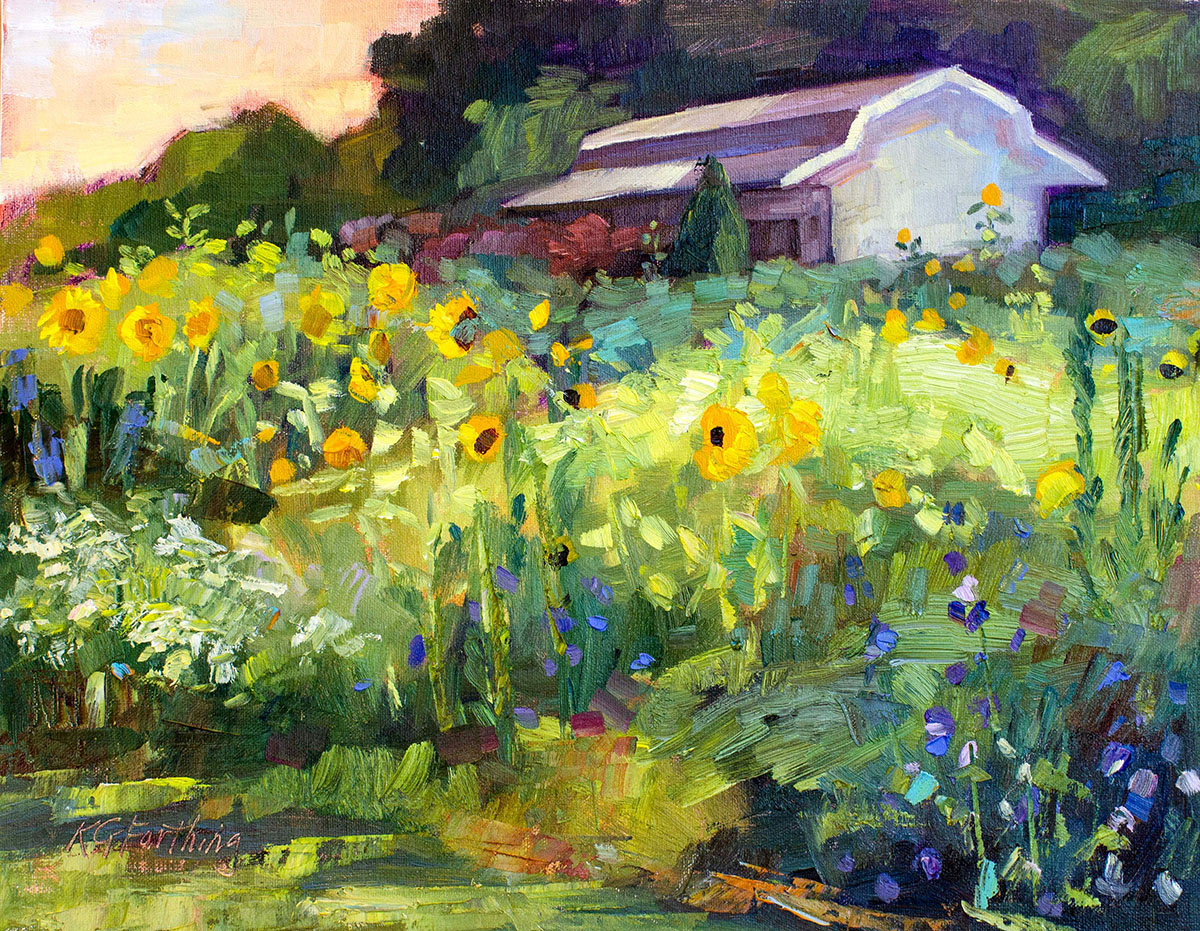 oil painting of house surrounded by trees and bushes