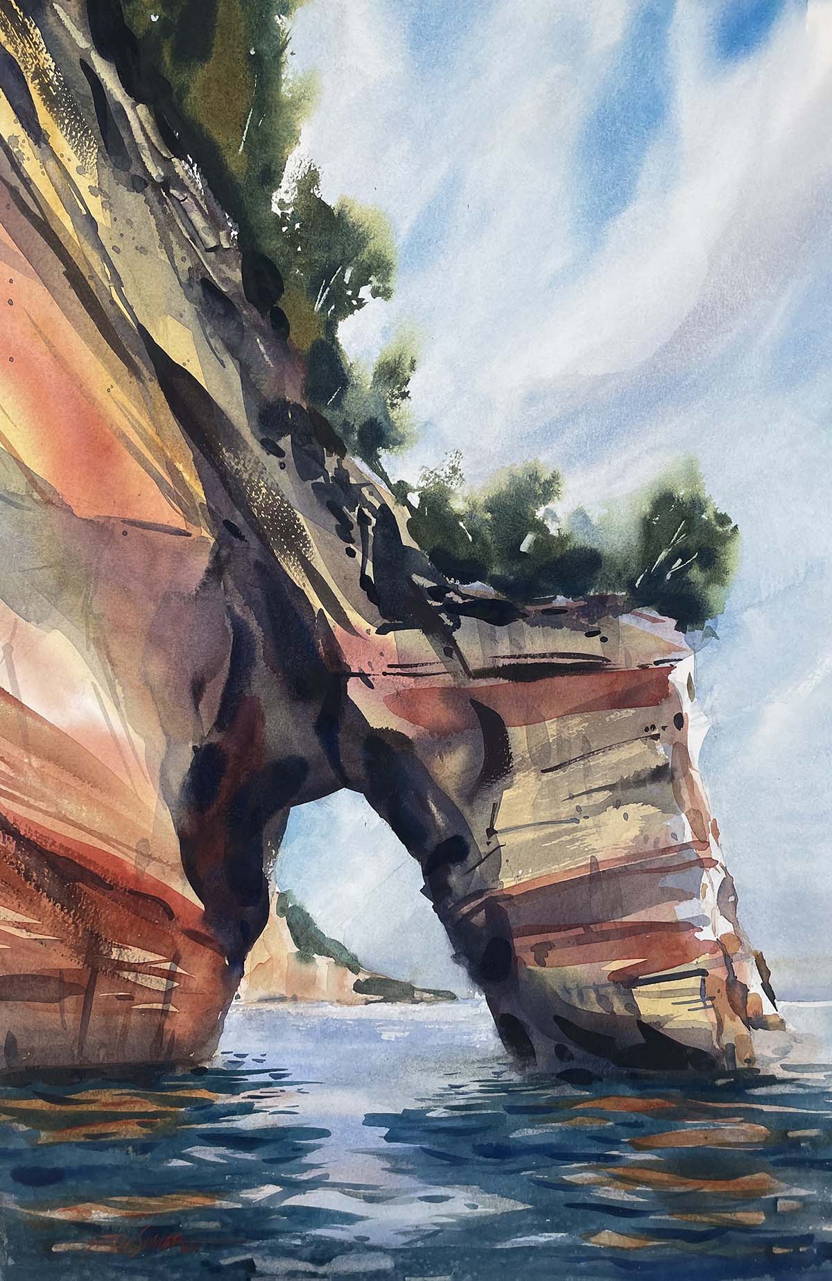 watercolor painting of formation rock with different colors, trees growing on top