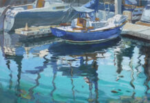 A Plein Air Painting RoundUp: 9 Riveting Renditions of Boats 1. Krentz Johnson, “Knock on Wood,” 2023, casein, 16 x 20 in., Available from artist, Plein air painting