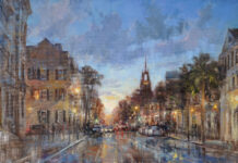 Christine Lashley, "Evening Lights Charleston," 2023, oil, 36 x 60 in., Available from Principle Gallery Charleston, Studio from plein air studies