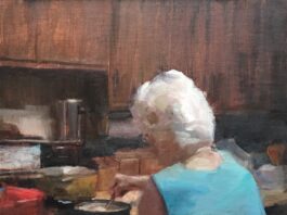 PleinAir Salon - Susan Patton, “Still Stirring (At 93),” Oil, 14x11 in.