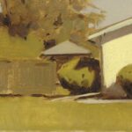 Hector Acuna, "Spring Hedges in Umber and Yellow," 2023, oil on panel, 6 x 9 in., private collection, plein air painting