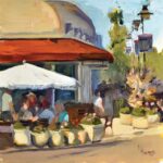Heather Arenas, "St. Armands Circle Corner," 2023, oil on Dibond aluminum panel, 12 x 12 in., Collection of the artist, Plein air