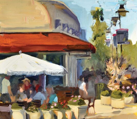 Free Painting Lesson: Marking Light and Shade Heather Arenas, "St. Armands Circle Corner," 2023, oil on Dibond aluminum panel, 12 x 12 in., Collection of the artist, Plein air