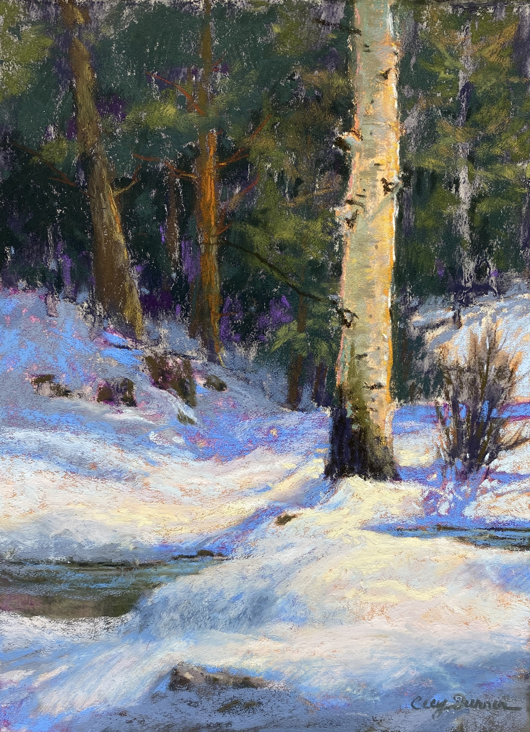 6. Cecy Turner, "Out in Front for Winter," 2024, pastel, 12 x 9 in., Available from Mary Williams Fine Arts, Boulder, CO, Studio from plein air study